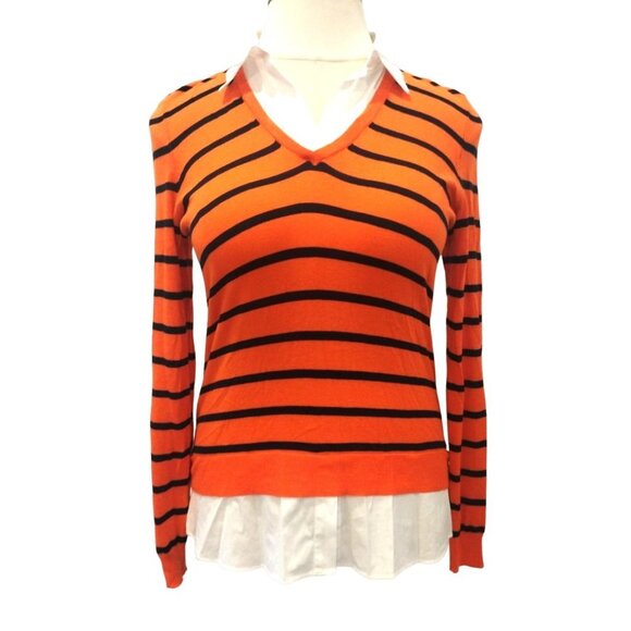 NWT Lauren Ralph Lauren Orange Striped Long Sleeve w Collar Shirt Sweater L - Picture 1 of 10